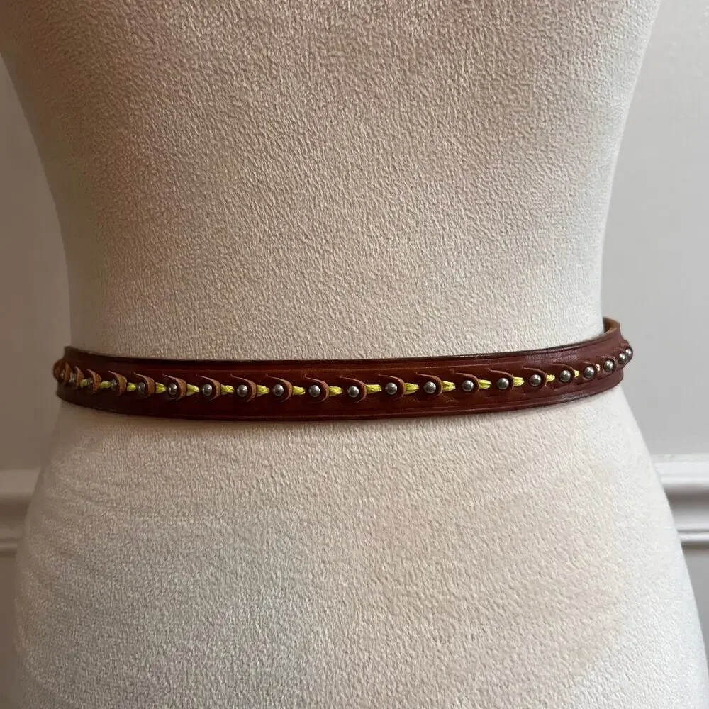 Leather Belt Brown Studded Braided Detail Boho Western | Size Large
